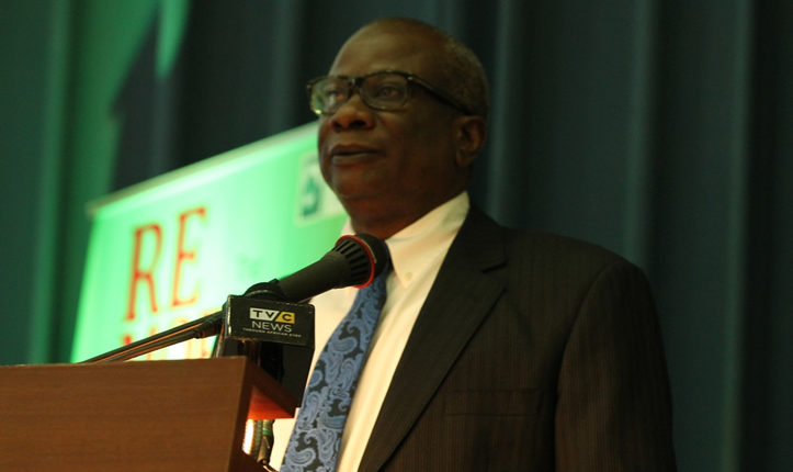 Edward Kallon, United Nations, Humanitarian Coordinator/ UNDP Resident Representative presenting his paper at the 2017 Wole Soyinka Media Lecture Series event in Abuja