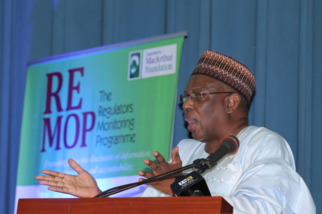 UBEC Executive Secretary, Hamid Bobboyi, making his lead presentation at the 2017 Wole Soyinka Media Lecture Series event in Abuja