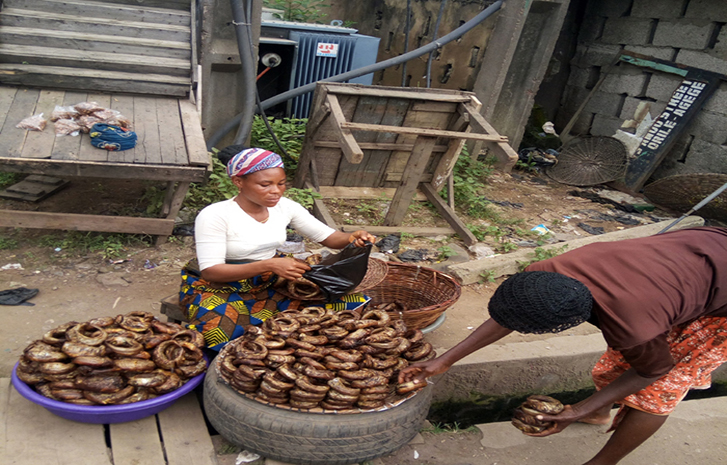 A woman turns unfenced transformer to stand for selling fish at Oke-Koto area, Agege, Lagos, October 7, 2017
