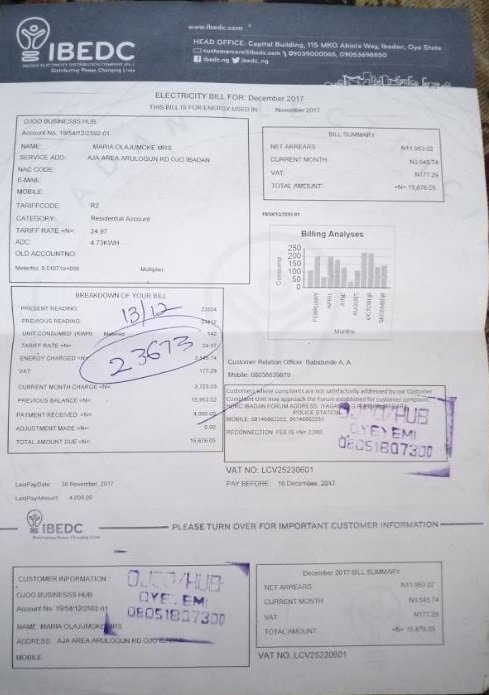 Olajumoke electricity bill for December