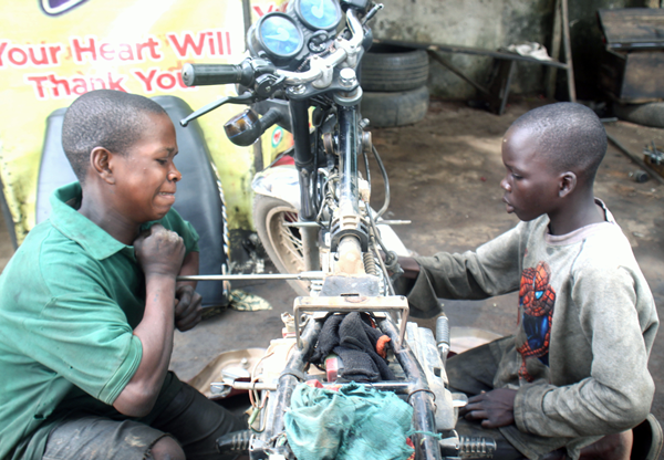Sheun Ali and Hameed Kehinde are motorcycle apprentices at Ojokoro, Lagos, while Sheun dropped out at JSS 2 for reasons he could not explain, Hakeem did not even get to secondary