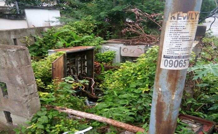 Transformer and feeder pillar at Babatunde Jose junction, Samuel Manuwa Street in Victoria Island are seen overgrown with weed September 13, 2017.