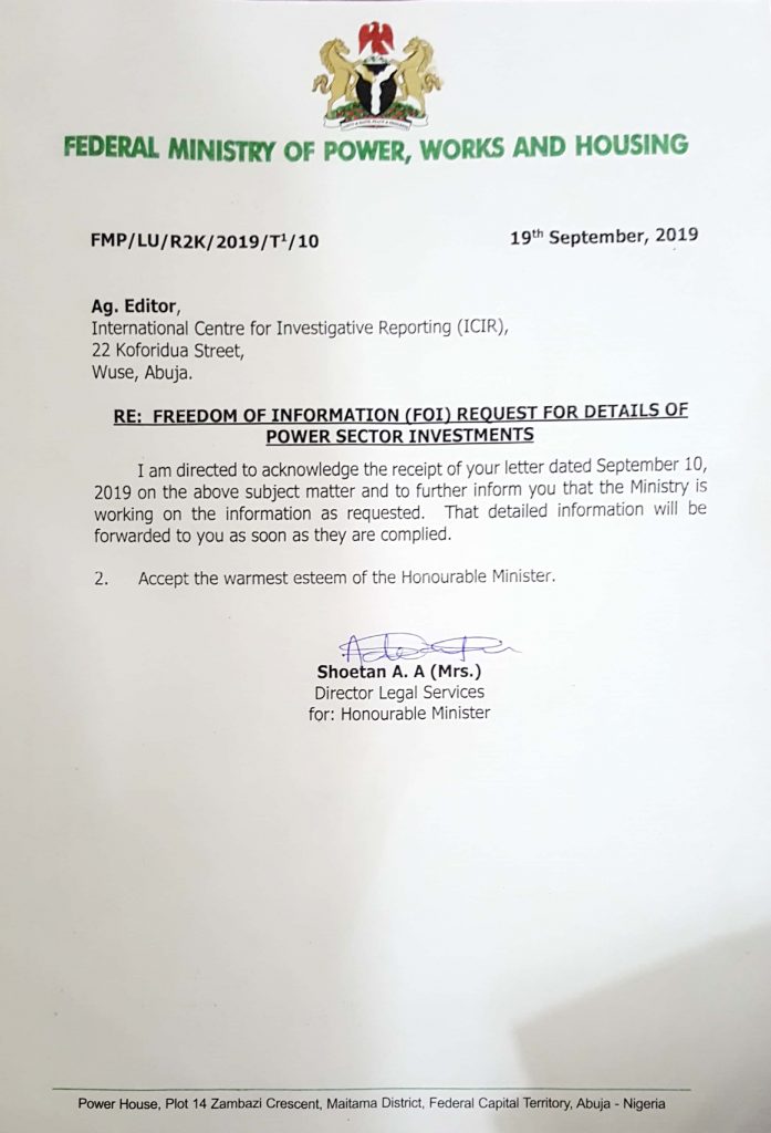 Freedom of Information (FOI) Response from Federal Ministry of Power